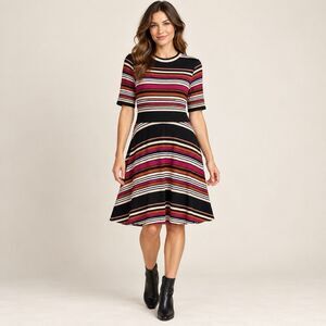 EDC Women’s XXL Black Multi Striped Round Neck Short Sleeve Knit Fit & Flare